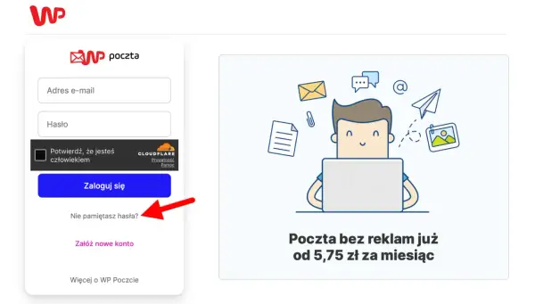 Formularz logowania WP Poczta. Czerwona strzałka wskazuje opcję "Nie pamiętasz hasła?", która może pomóc w zmianie hasła, podobnie jak w przypadku zmiany hasła linux.