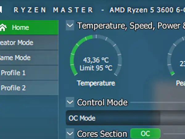 Monitorowanie temperatury procesora AMD Ryzen 5 3600. Aktualnie 43,36°C, limit 95°C. Sprawdzam, ile stopni powinien mieć procesor.