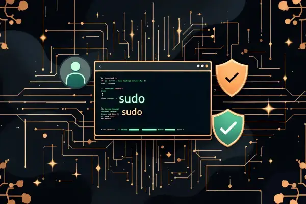 Terminal z komendą sudo w systemie alias linux. Ikona użytkownika i tarcze z potwierdzeniem bezpieczeństwa na tle obwodów drukowanych.