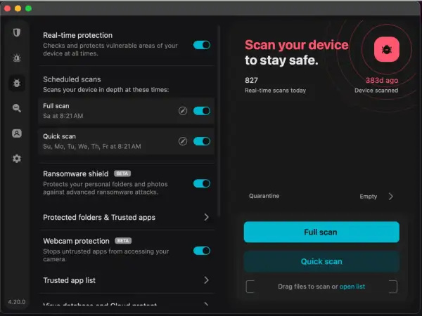 Interfejs programu antywirusowego. Widoczne opcje: ochrona w czasie rzeczywistym, zaplanowane skanowanie (pełne i szybkie), ochrona przed ransomware. Po prawej przycisk "Skanuj swoje urządzenie".