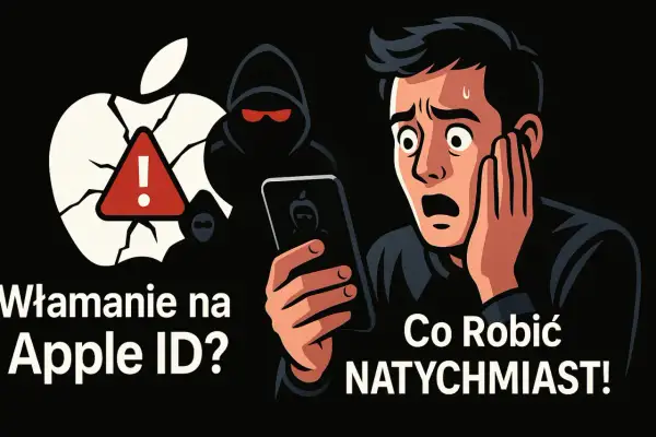 Przerażony mężczyzna trzyma telefon, widząc włamanie na Apple ID. Cień hakera i pęknięte logo Apple symbolizują zagrożenie.