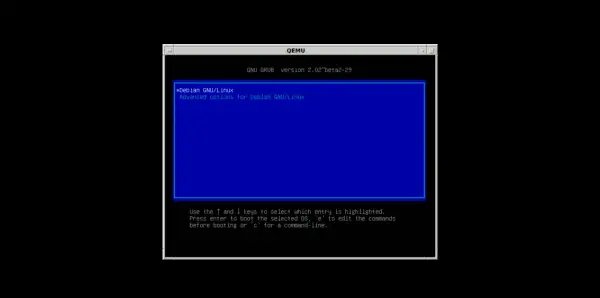 Ekran startowy GRUB dla Debian GNU/Linux w QEMU. Wybierz system lub edytuj polecenia.