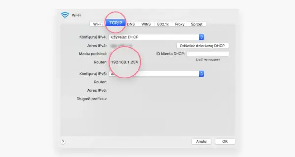 Ustawienia TCP/IP pokazują adres routera 192.168.1.254, co jest kluczowe, by sprawdzić IP urządzeń w sieci lokalnej.