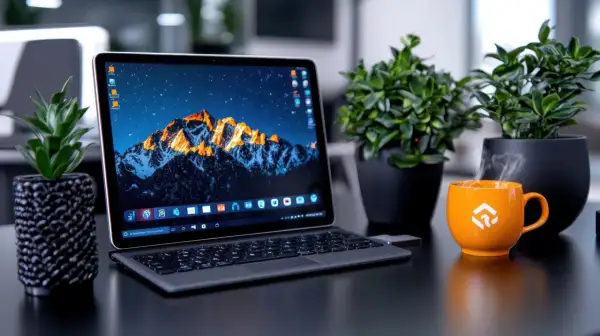 Laptop z górskim krajobrazem na pulpicie, obok parująca pomarańczowa filiżanka i rośliny. Idealne miejsce do nagrywania ekranu komputera.