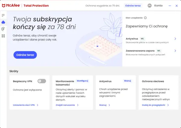 Interfejs McAfee Total Protection. Zobaczysz tu informacje o subskrypcji i opcje ochrony. Nie ma tu bezpośredniej opcji jak wyłączyć McAfee, ale można zarządzać ochroną.