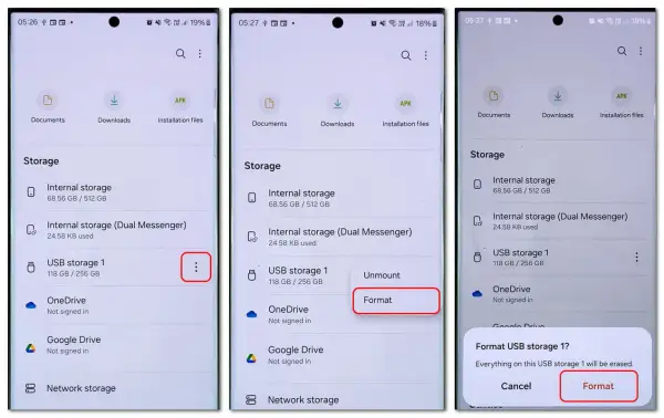 Formatowanie karty SD: wybierz opcję "Format" dla USB storage 1, aby wyczyścić dane.