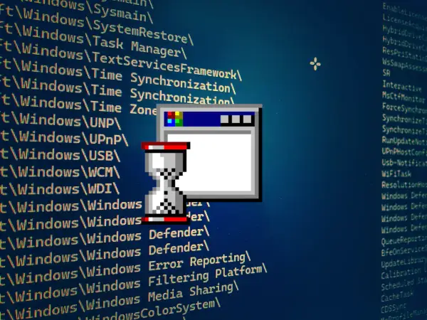 Ikona klepsydry i okno dialogowe symbolizują usuwanie aplikacji z systemu Windows.