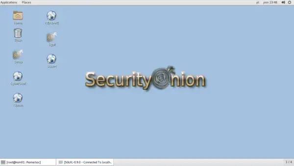 Pulpit z ikonami: Home, Trash, Setup, CyberChef, Kibana, README, Sguil, Squert. W centrum logo "Security Onion".
