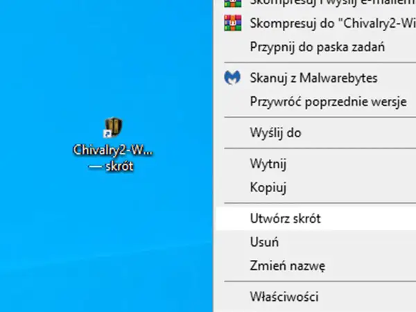 Menu kontekstowe z opcją "Utwórz skrót" obok ikony gry Chivalry 2.
