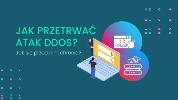 Jak przetrwać atak DDoS? Grafika pokazuje laptopa, na którym wyświetla się komunikat o ataku DDoS, oraz ikonę bomby i rakiety.
