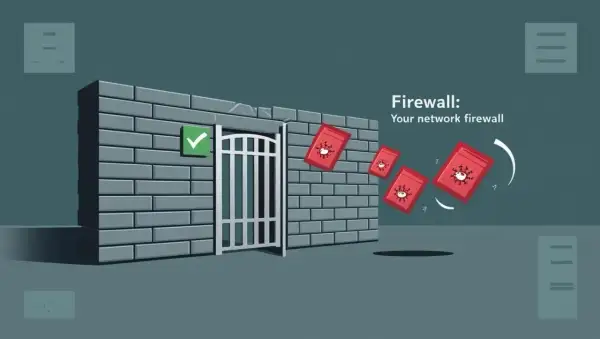 Solidna ściana z cegły, symbolizująca firewall, blokuje czerwone paczki z wirusami. Zielony znaczek potwierdza bezpieczeństwo.