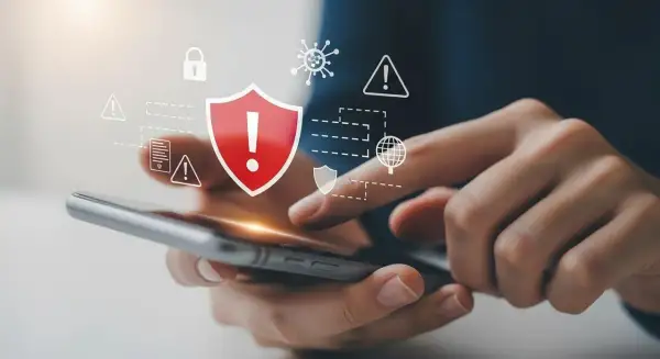 Dłonie trzymające smartfon, nad którym unoszą się ikony symbolizujące bezpieczeństwo i ochronę przed zagrożeniami. To pokazuje, co to jest antywirus w praktyce.