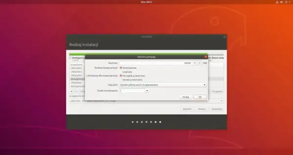 Okno instalatora Ubuntu do tworzenia partycji. Można tu wybrać rodzaj partycji, jej lokalizację i system plików, np. ext4.