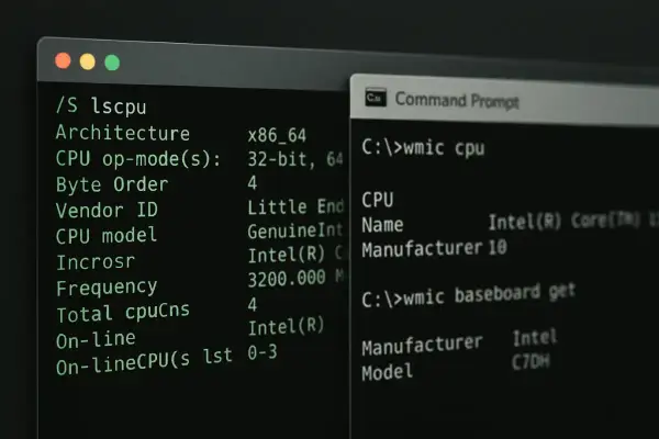 Terminal z komendami `lscpu` i `wmic` pokazuje szczegóły procesora, jak nazwa Intel Core i częstotliwość. To jakby `cpu-z linux` w akcji.