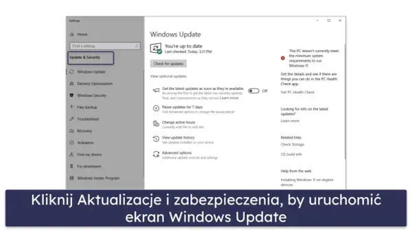 Ekran Ustawień Windows 10, sekcja Aktualizacje i zabezpieczenia. Widoczny komunikat o braku zgodności z wymaganiami Windows 11.