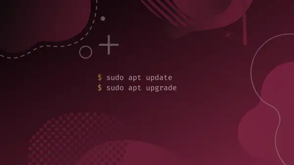 Abstrakcyjne tło w odcieniach burgundu z komendami terminala: `sudo apt update` i `sudo apt upgrade`.