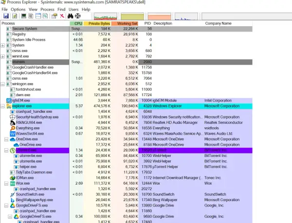 Proces explorer pokazuje procesy systemowe, w tym `explorer.exe` z Microsoft Corporation.