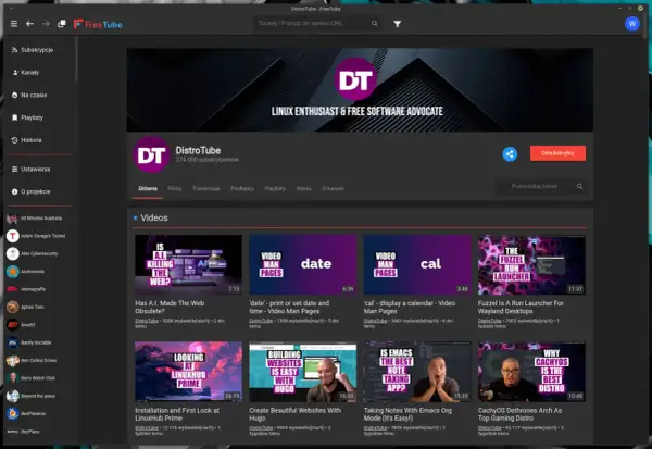 Strona kanału DistroTube w aplikacji FreeTube. Widzisz logo, nazwę kanału i listę filmów, np. o AI i Linuxie.