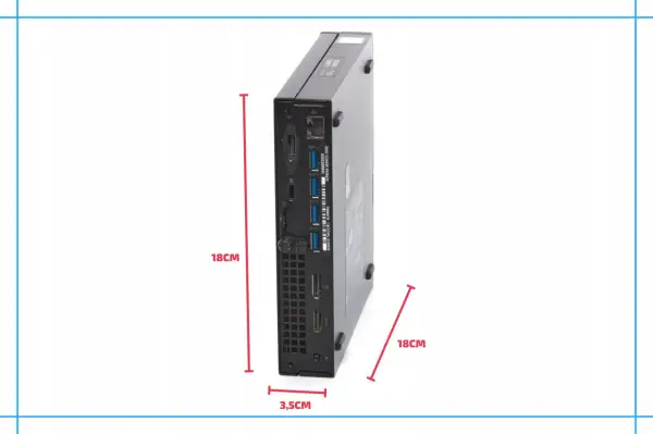 Kompaktowy komputer Dell Optiplex 790, wymiary 18x18x3,5 cm, z portami USB i HDMI.