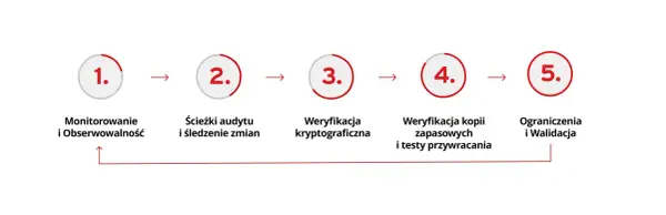 Schemat pięciu kroków: monitorowanie, ścieżki audytu, weryfikacja kryptograficzna, weryfikacja kopii zapasowych i ograniczenia. To jak sprawdzić, co to hasz.