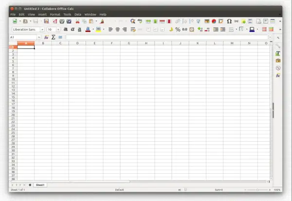 Pusta tabela w programie LibreOffice Calc, gotowa do wprowadzania danych.
