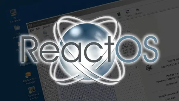 Logo React OS na tle ekranu z ikonami i kodem.