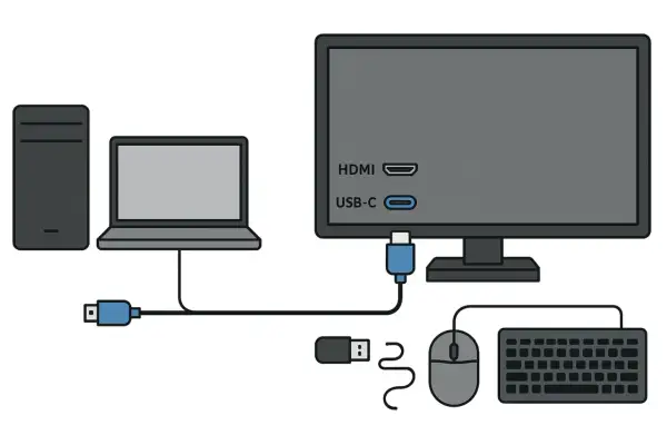 Ilustracja pokazuje, jak podłączyć monitor przez USB-C. Laptop jest połączony z monitorem kablem USB-C.