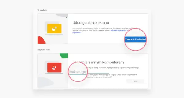 Ekran udostępniania i połączenie z innym komputerem. Kliknij "Zaakceptuj i zainstaluj", by umożliwić zdalny dostęp. To może być pomocne, gdy zastanawiasz się, rdp co to.