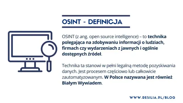 Grafika przedstawia ikonę komputera z lupą, symbolizującą OSINT. W tekście wyjaśniono, że jest to technika pozyskiwania informacji, w Polsce znana jako Biały Wywiad.