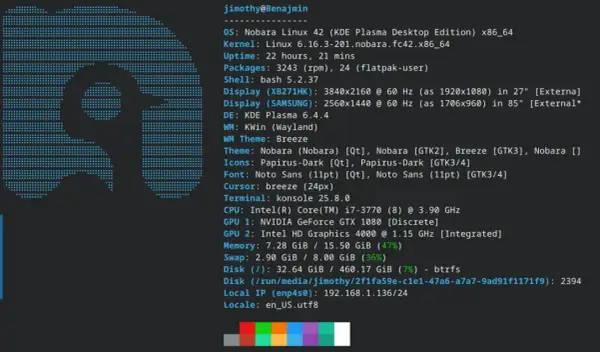 Terminal z Nobara Linux 42, pokazujący informacje o systemie, kernelu, sprzęcie i ustawieniach.