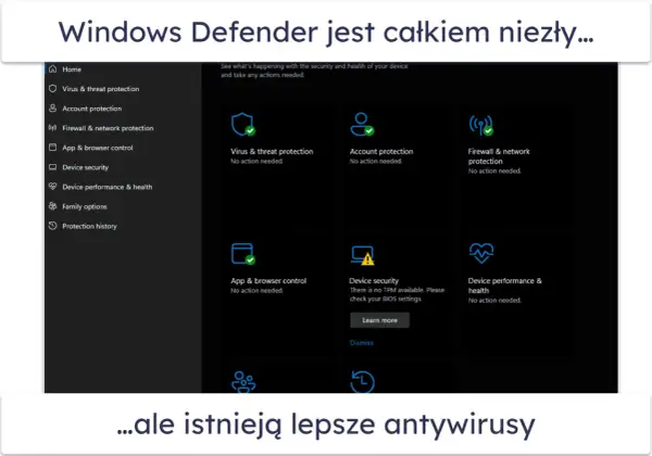 Interfejs Windows Defender pokazuje status ochrony: wirusów, konta, sieci i aplikacji. Wszystko działa poprawnie.