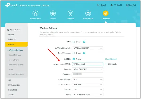 Ustawienia sieci bezprzewodowej routera TP-Link. Widoczny identyfikator sieci (SSID) to TP-Link_42A4.