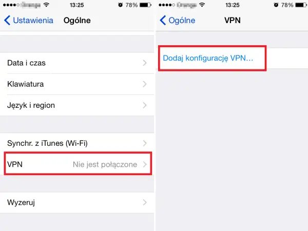 Ekran iPhone'a z opcją "Dodaj konfigurację VPN..." oraz sekcją "VPN" z informacją "Nie jest połączone".