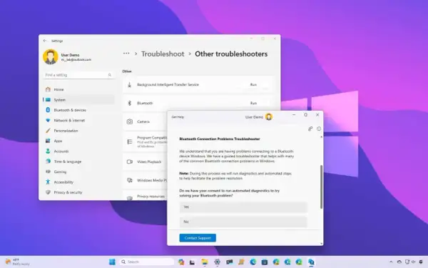 Rozwiązywanie problemów z połączeniem Bluetooth w Windows 11. Uruchomiono narzędzie do rozwiązywania problemów z Bluetooth.